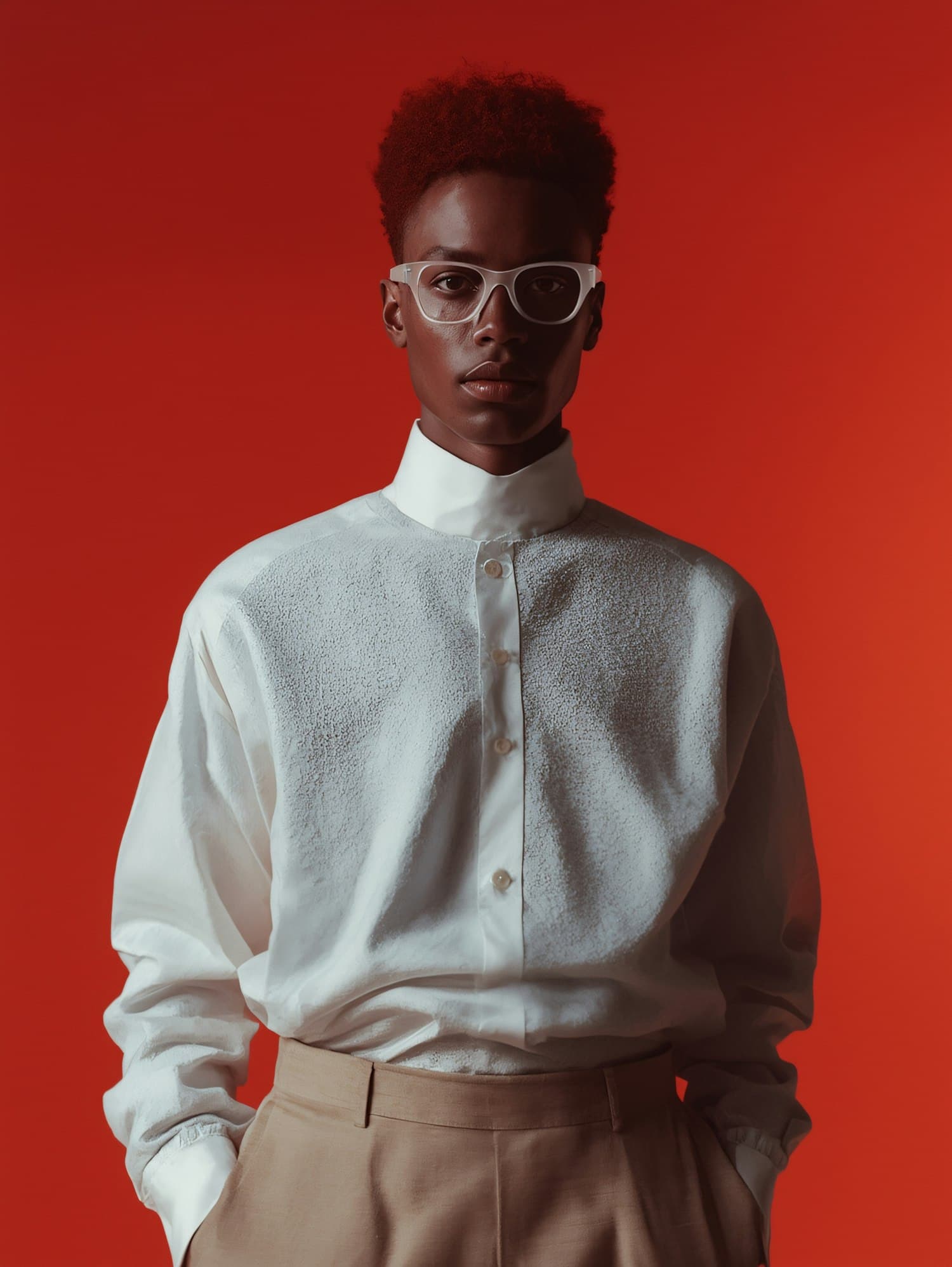 Man in a white shirt and glasses standing against a red backdrop