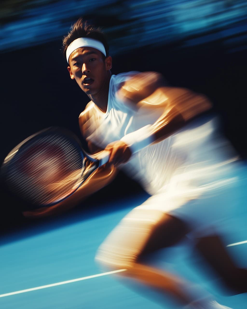 Tennis player in white mid swing with motion blur on a blue court
